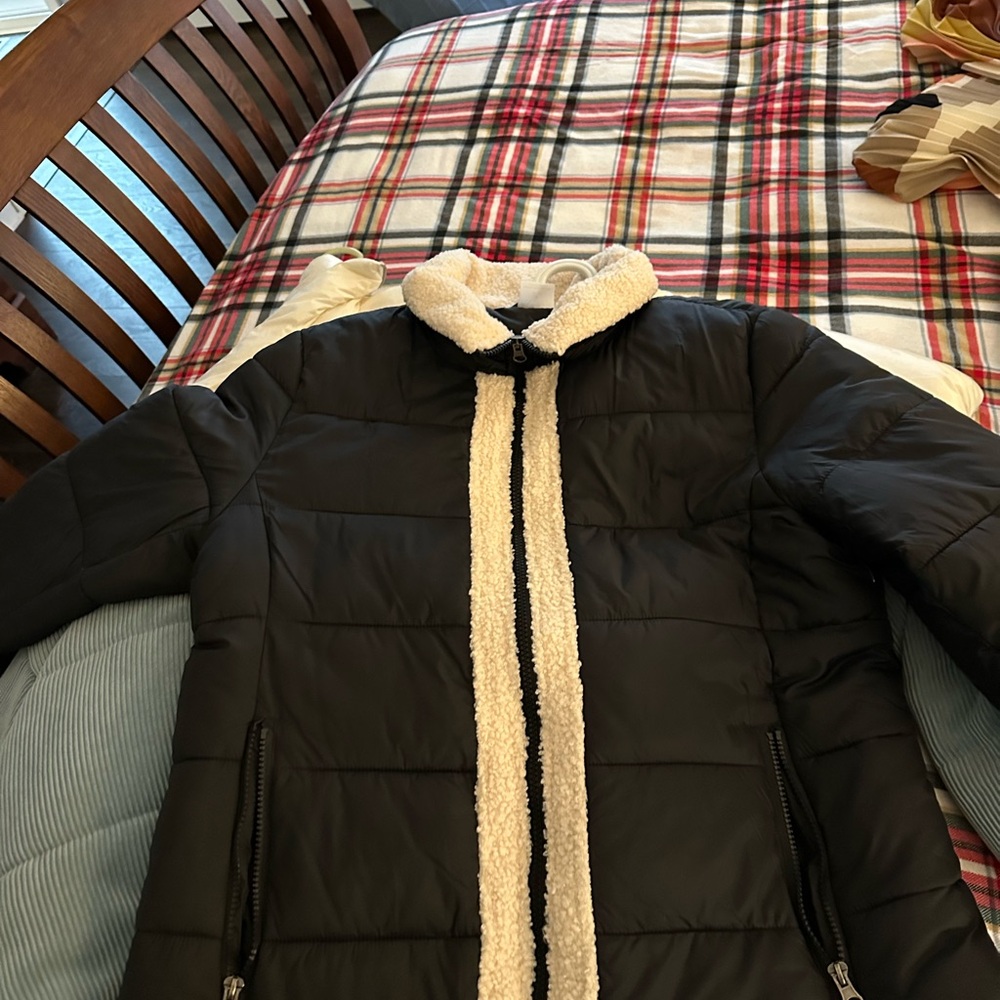 Black Puffer Jacket with Cream Trim